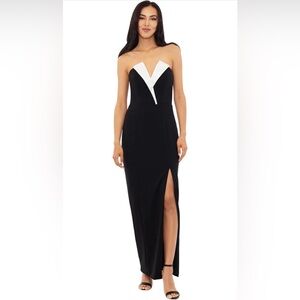 Betsy & Adam Women's Long Strapless Stretch Scuba Crepe Tuxedo Dress